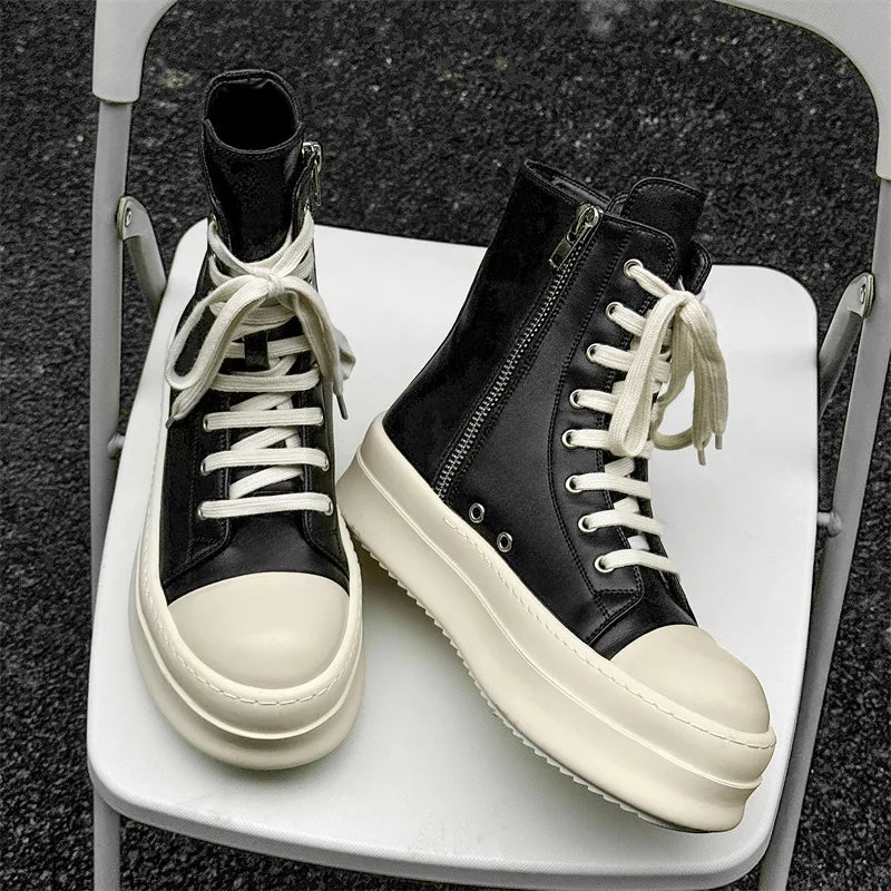 Cow split leather men leisure boots lace up black white shoes casual platform - Sun Studio