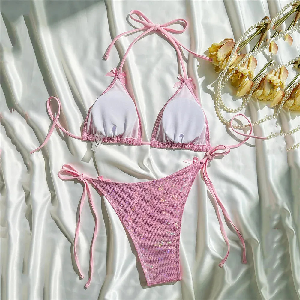 Yellow Halter String Triangle Micro Bikini Thong Solid Swimwears Bow Pearl Sexy Swimsuit Women Bathing Suit Bikinis Sets 2026 - Sun Studio