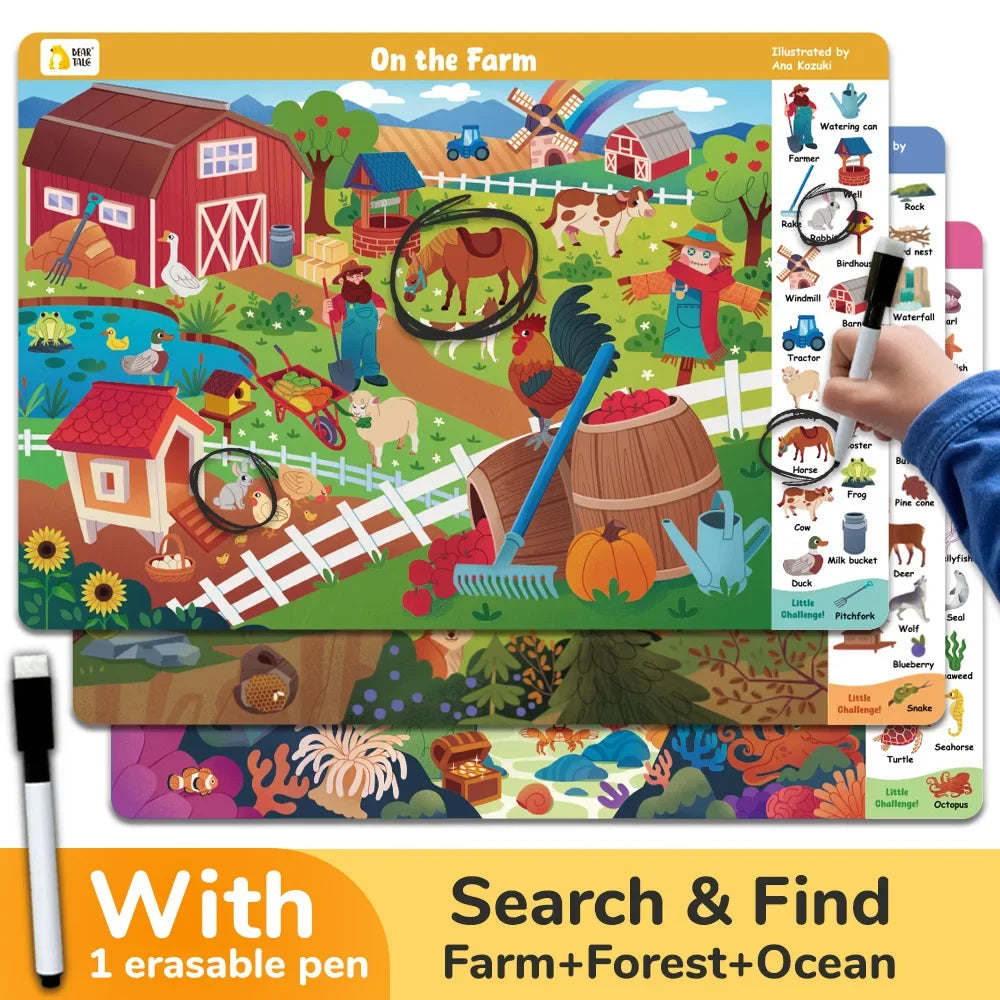 Search and Find Game Looking for Different 3 Themes Interactive Activity Painting Kit Drawing Books with Reusable Pen - Sun Studio