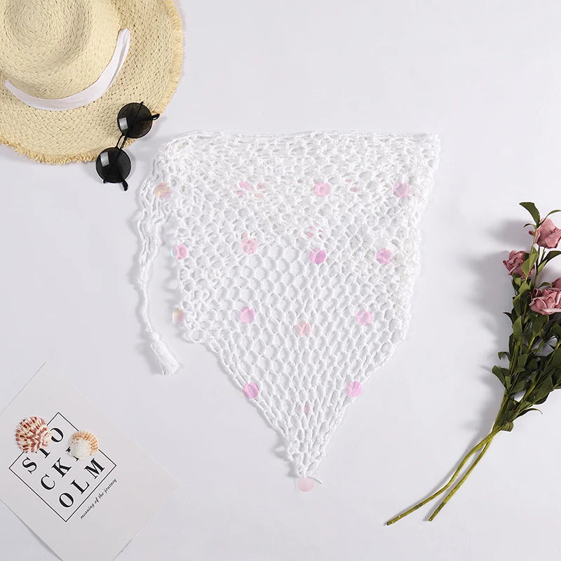 Women's Handmade Crochet Triangle Mesh Shawl With Sequins Sexy Beach Sunscreen Skirt Summer Hollow Out Swimsuit Cover Ups - Sun Studio