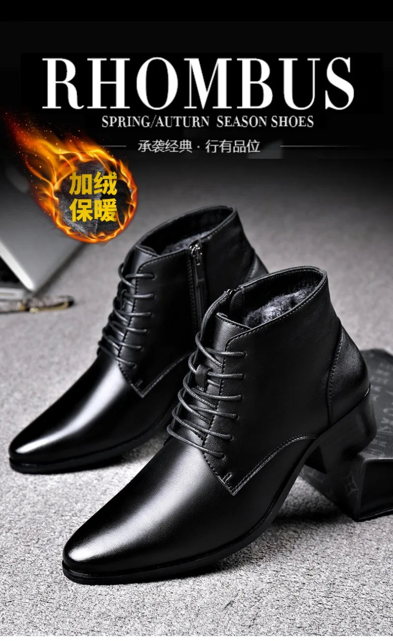 Men's Boots Fashion High-top Casual Boot Pointed Tip Business Leather Boots for Men Plush Warm Winter Boots Lace Up Ankle Botas - Sun Studio