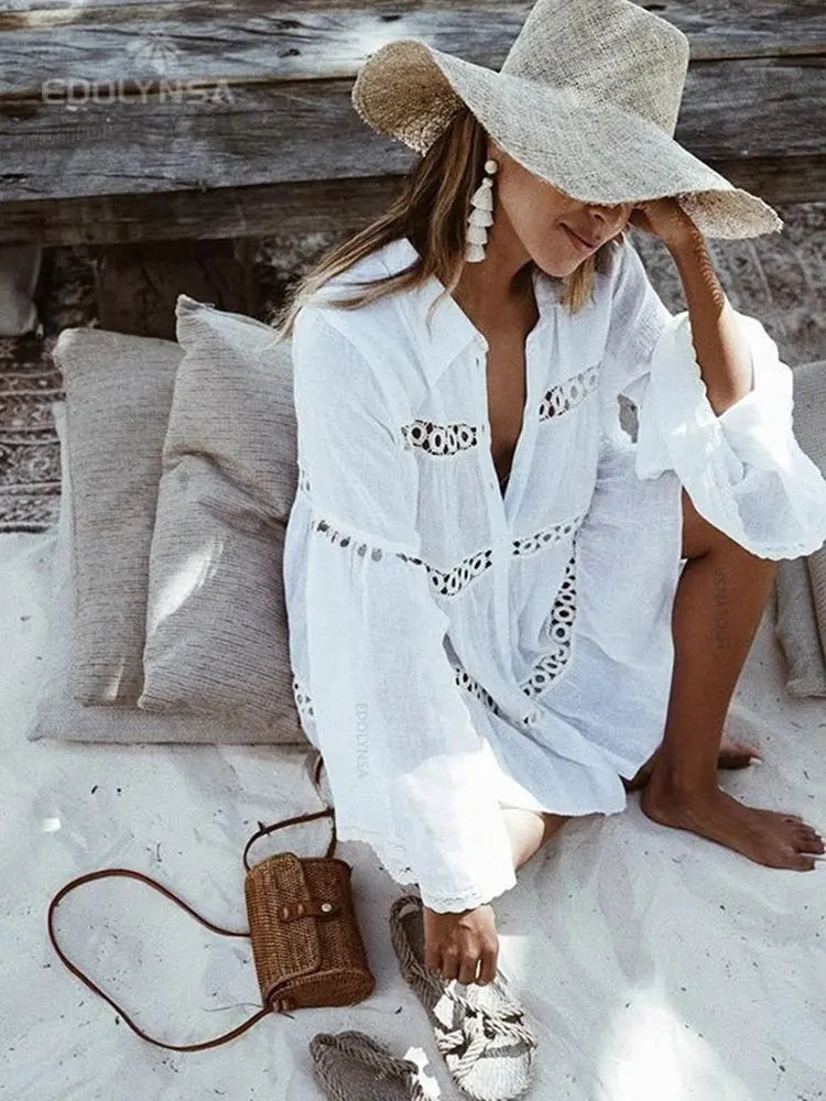 Women Summer Fashion Beach Tops Swimsuit Cover Up Summer Long Sleeve White Pocket Button Front Open Shirt Dress N648 - Sun Studio