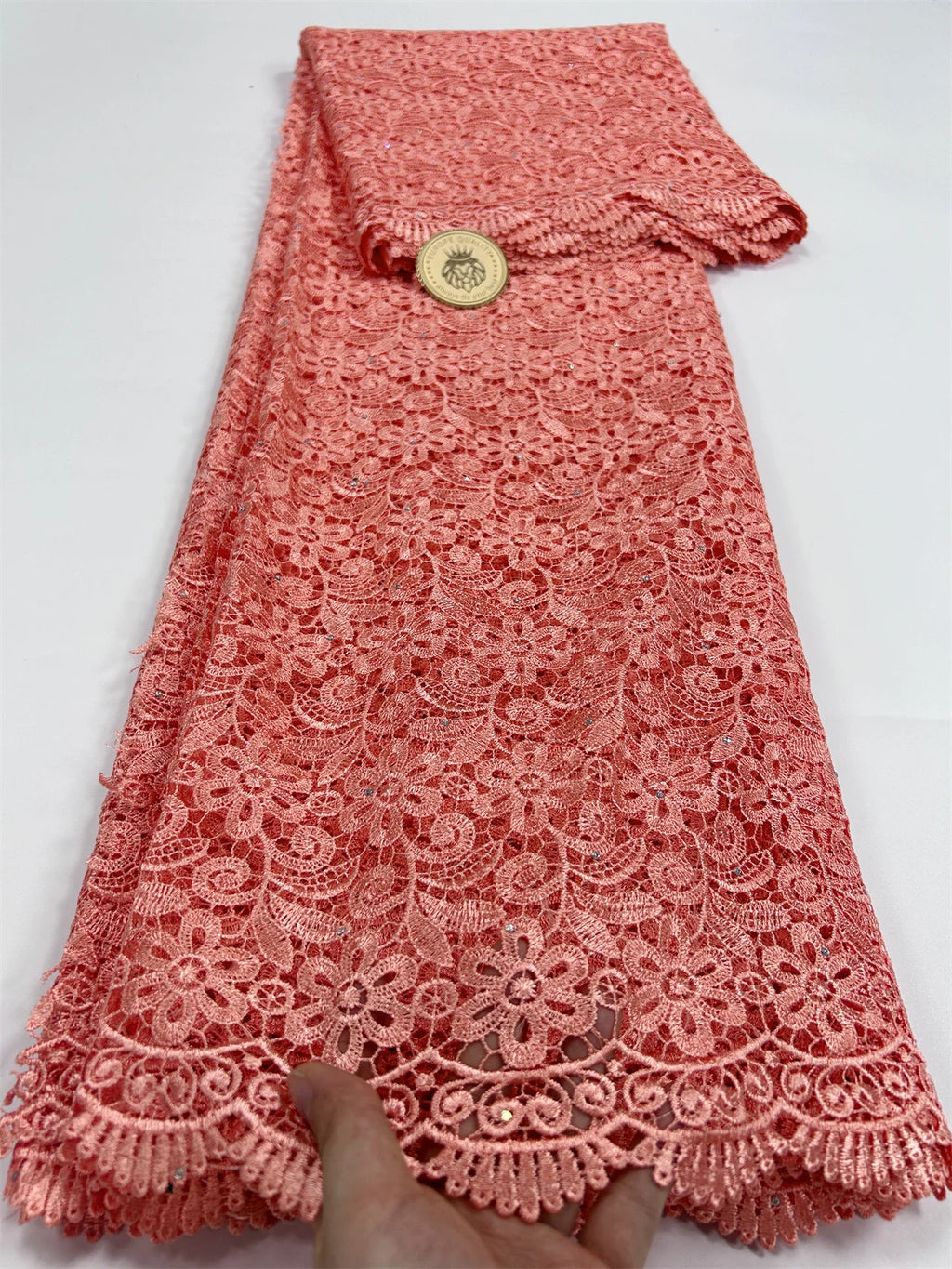 2024 Peach African Guipure Cord Lace Fabric with Stones Chemical Lace Fabric Water Soluble Lace For Women Evening Party Dresses - Sun Studio
