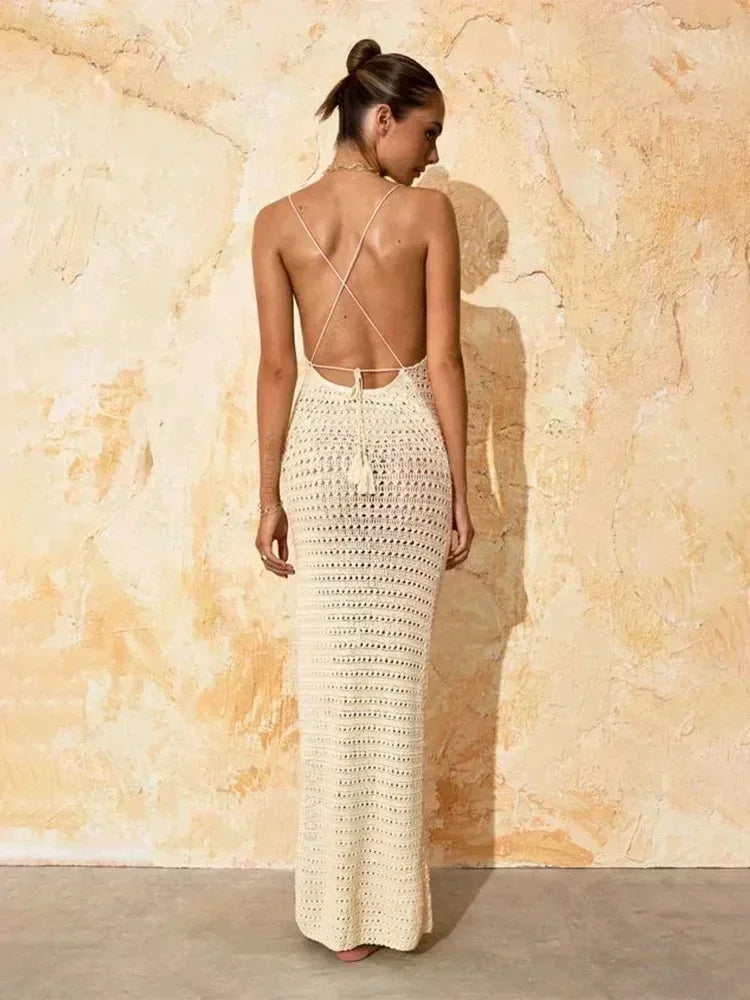 Sexy Knit Cut Out Tassel Spaghetti Strap Bodycon Beach Maxi Dress Summer Women's Holiday Club Party Outfit Swimsuit Cover Up K10 - Sun Studio