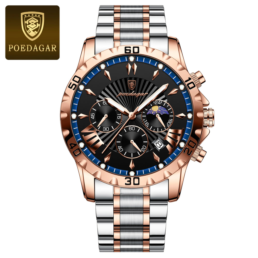 POEDAGAR Luxury Watch for Man Luminous Waterproof Chronograph Date Men Watch High Quality Stainless Steel Quartz Men's Watches - Sun Studio