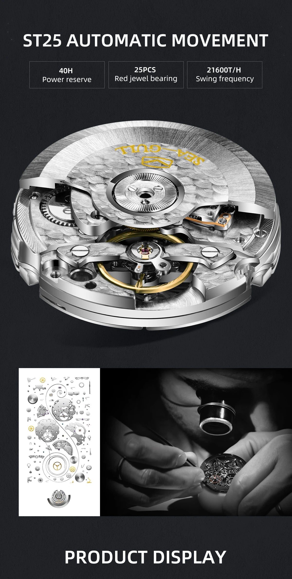 Sea-Gull Mechanical Men's Watch Hollow Flywheel Automatic Watch Multifunction 316L Stainless Steel Calendar Brand Watches M160S - Sun Studio