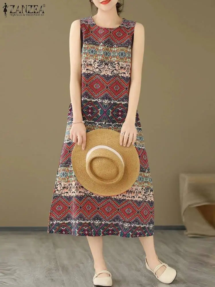 Women Bohemain Sleeveless Sundress ZANZEA Summer Printed Dress Vintage Beach Holiday Vestidos Casual O Neck Baggy Midi Dresses - Sun Studio
