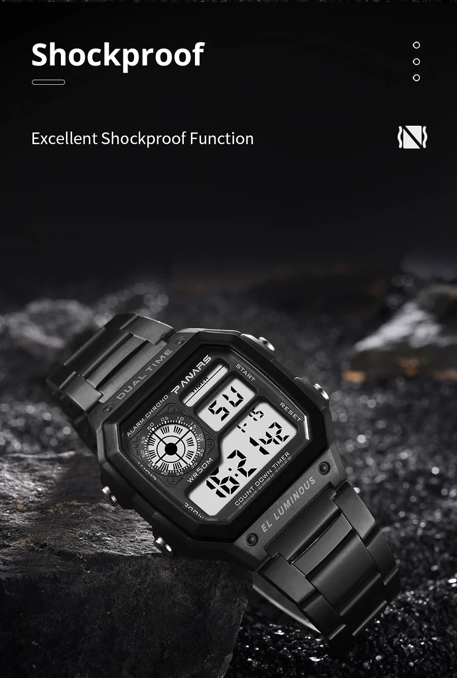 PANARS Top Luxury Stainless Steel Strap Sport Watches Mens Waterproof Back Light Digital Wristwatch Male Alarm - Sun Studio