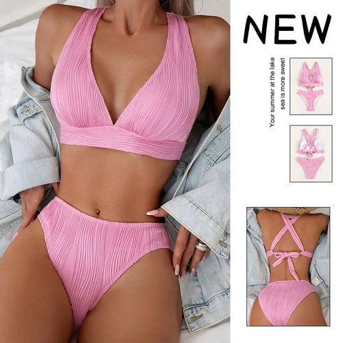 2026 New Crinkled Bikini Sets Women Solid Color Deep V-Neck Beach Wear Swimwear Holiday Backless Bandage Swimsuit Two-Pieces - Sun Studio