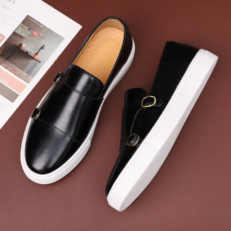 Fashion Man Casual Shoes Leather Men's Retro British Style Loafers Slip-on Outdoor Flats Double Monk Business Daily Shoe - Sun Studio