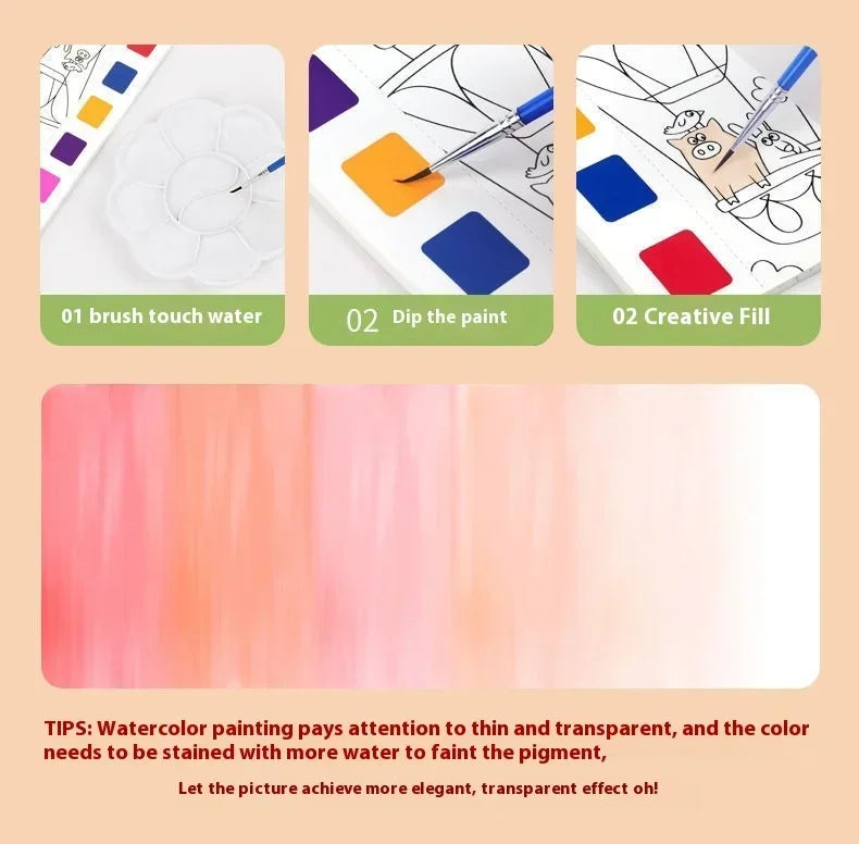 1PC Children's Watercolor Coloring Book Kids Adult Watercolour Coloring Paper With Water Paint Pens Girls Student Birthday Gift - Sun Studio