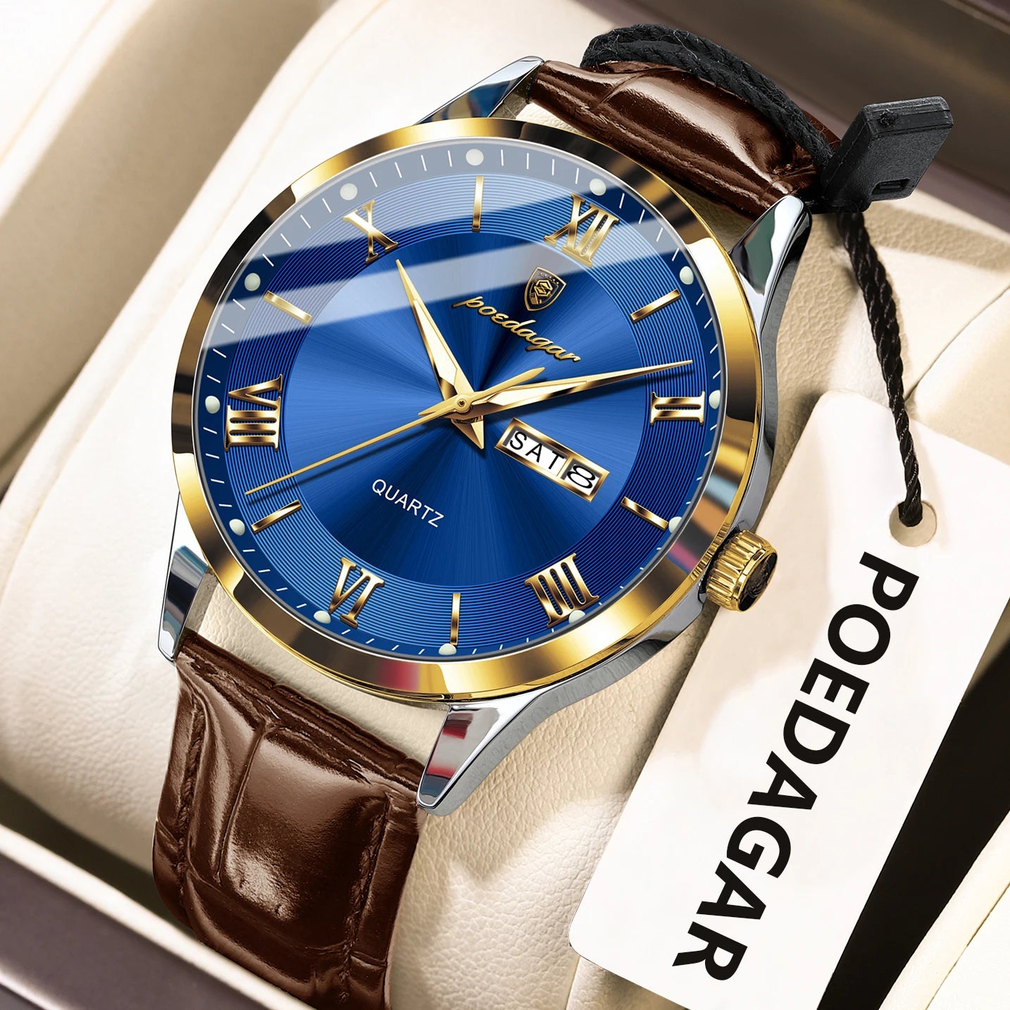 POEDAGAR Classic Luxury Men's Wristwatch Date Week Leather Business Man Watch Waterproof Luminous Fashion Quartz Watches For Men - Sun Studio