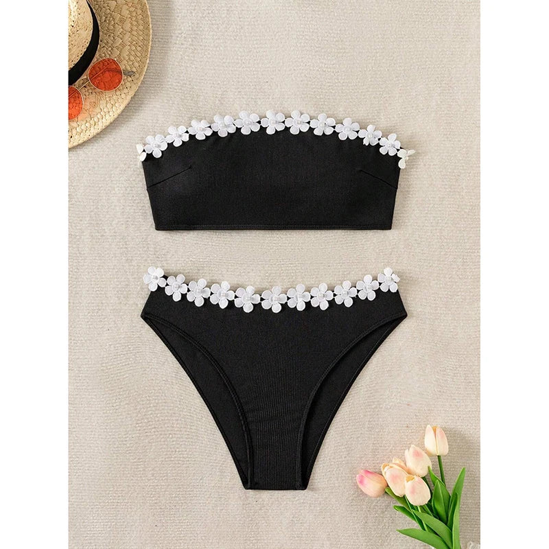 Sexy Solid Floral Strapless Bikini 2 Piece Set Women Split Swimsuit Beach Bikinis 2025 New Summer Swimwear Bikinis Set - Sun Studio