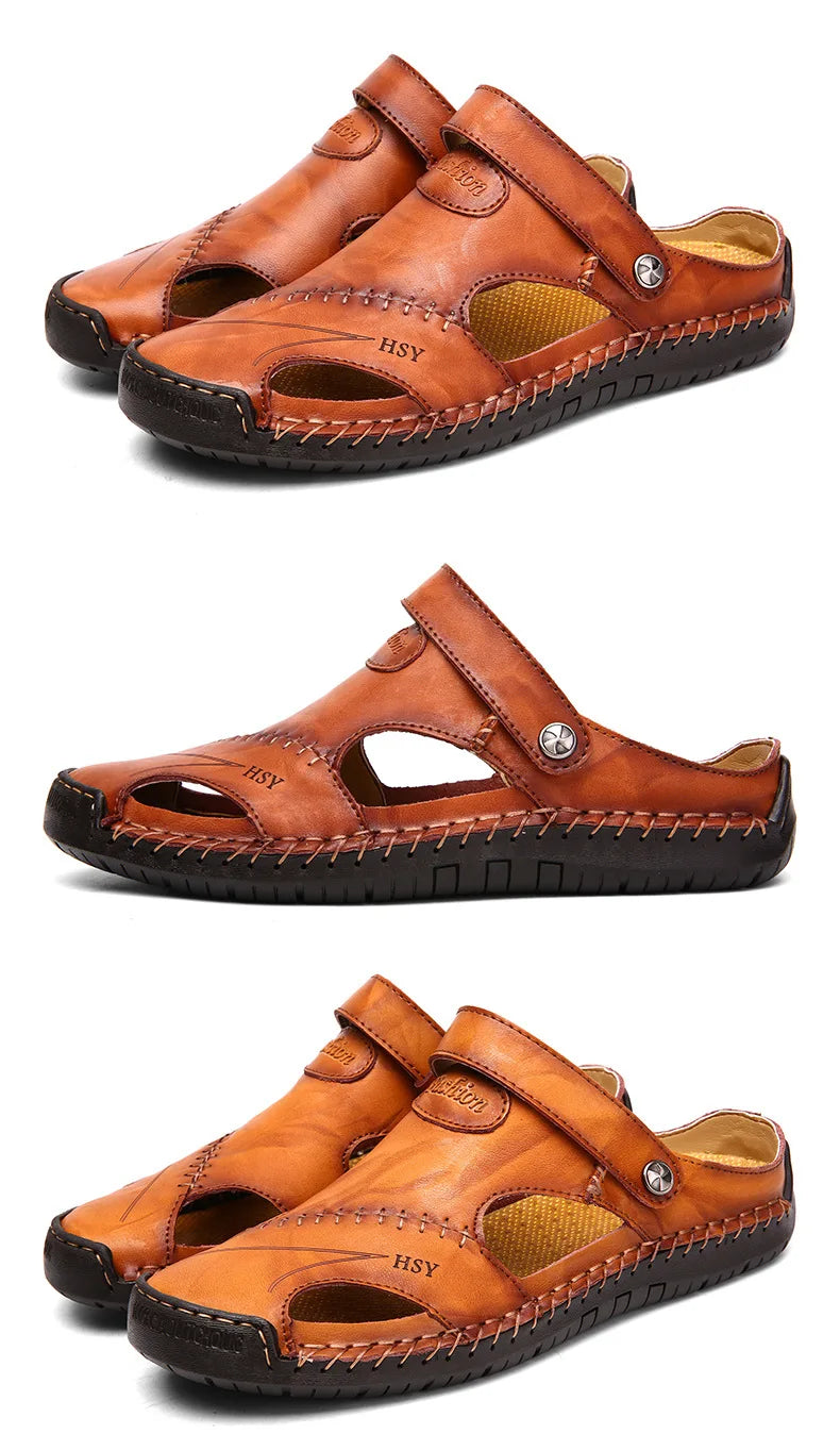 Große Größe Herren Sandalen Freizeit Leder Strand Schuhe Atmungsaktive Slip-On Langlebige genähte Konstruktion Bequeme Wandersandalen