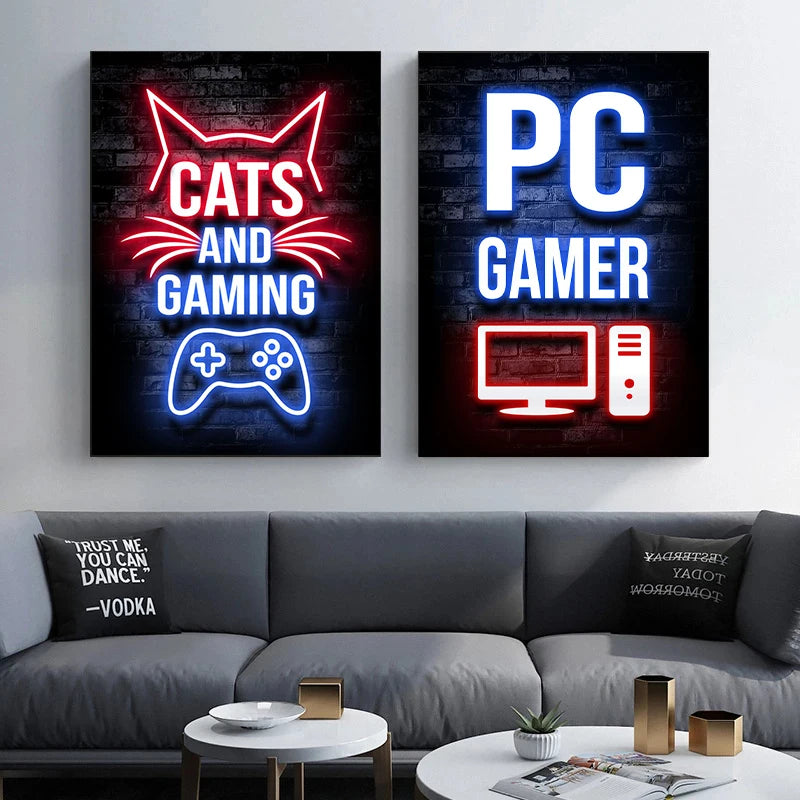 Gaming Gamer Quotes Neon Poster Vintage Gamepad Symbol Quote Canvas Painting Wall Art for Game Room Home Club Decor Mural - Sun Studio
