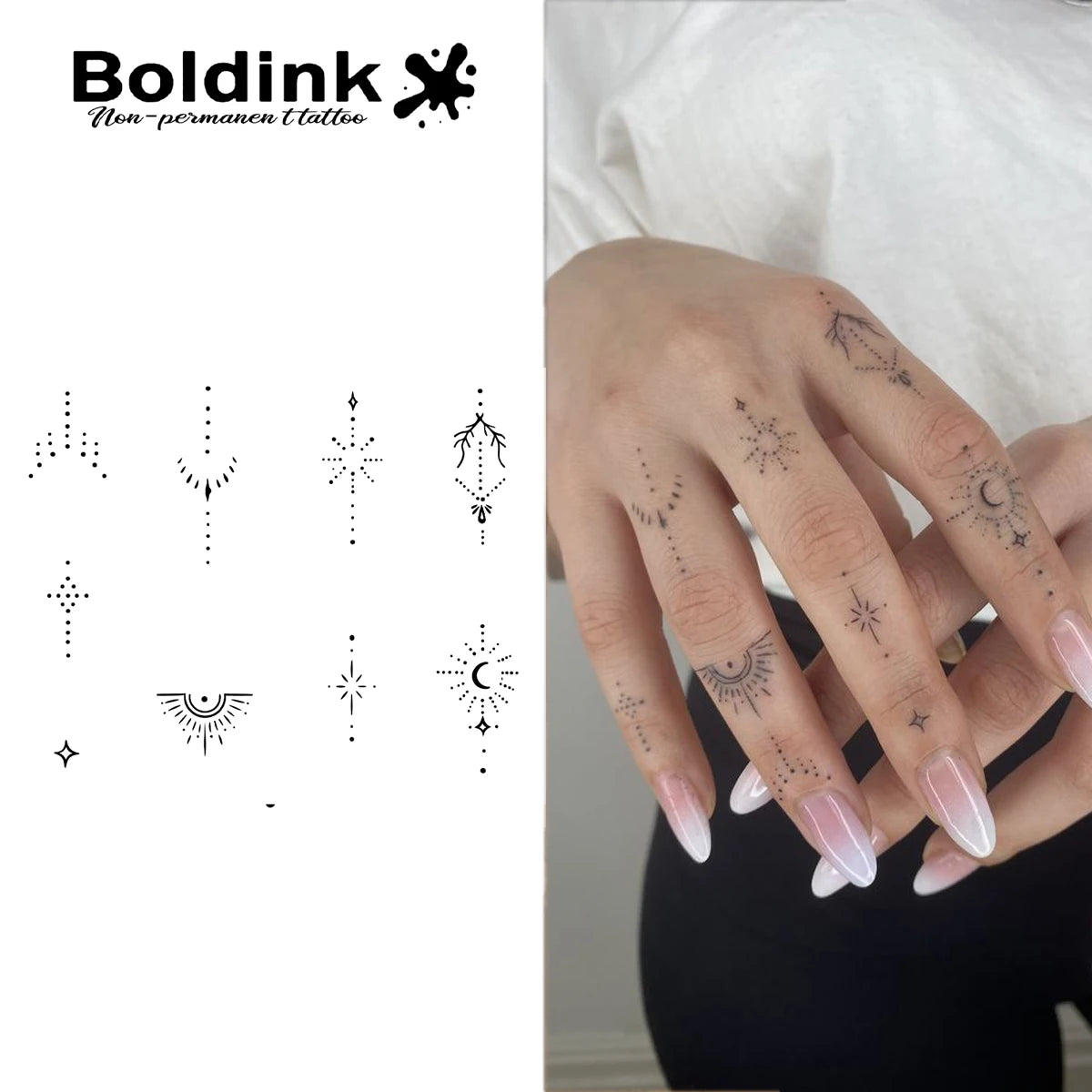 Boldink Delicate Dot-Line Temporary Tattoos, with Star, Moon&Sun Motifs, Waterproof, Mini & Exquisite Finger Stickers - Sun Studio