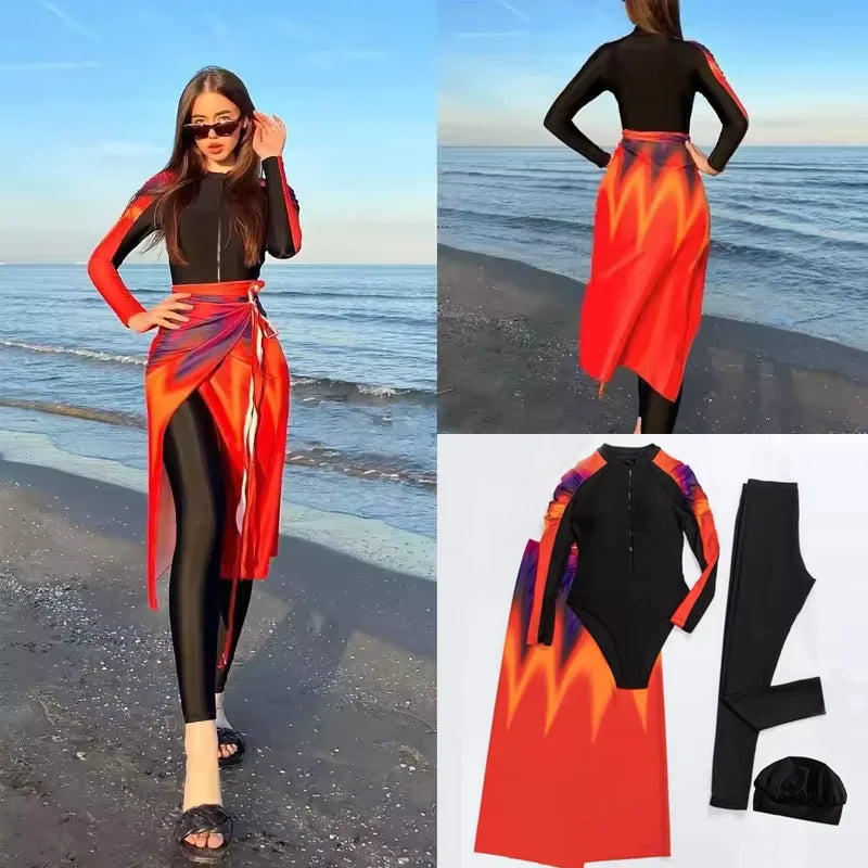 4PCS/Set Modest Burkini Femmes Swimming Suit Muslim Swimwear Women Long Sleeve Sport Swimsuit Islamic Wear Contain Hijab - Sun Studio