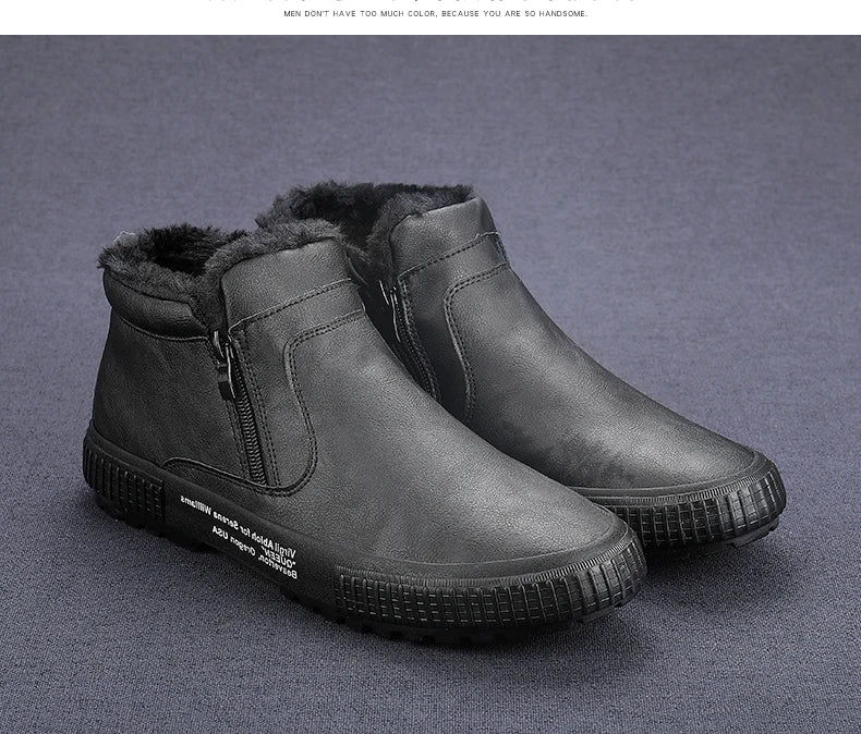 Man Winter Warm Leather Boots Warm Plush Inside High Tops Casual Shoes Slip on Keep Warm Thick Fur Men's Platform Ankle Boots - Sun Studio