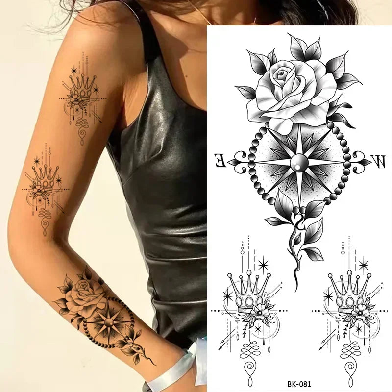 Rosenblüten-Tattoo Temporäres wasserdichtes Schmetterlings-Fake-Tattoo für Frauen Schwarzes Blumen-Skizzen-Tattoo-Aufkleber