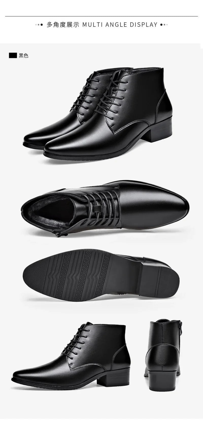 Men's Boots Fashion High-top Casual Boot Pointed Tip Business Leather Boots for Men Plush Warm Winter Boots Lace Up Ankle Botas - Sun Studio