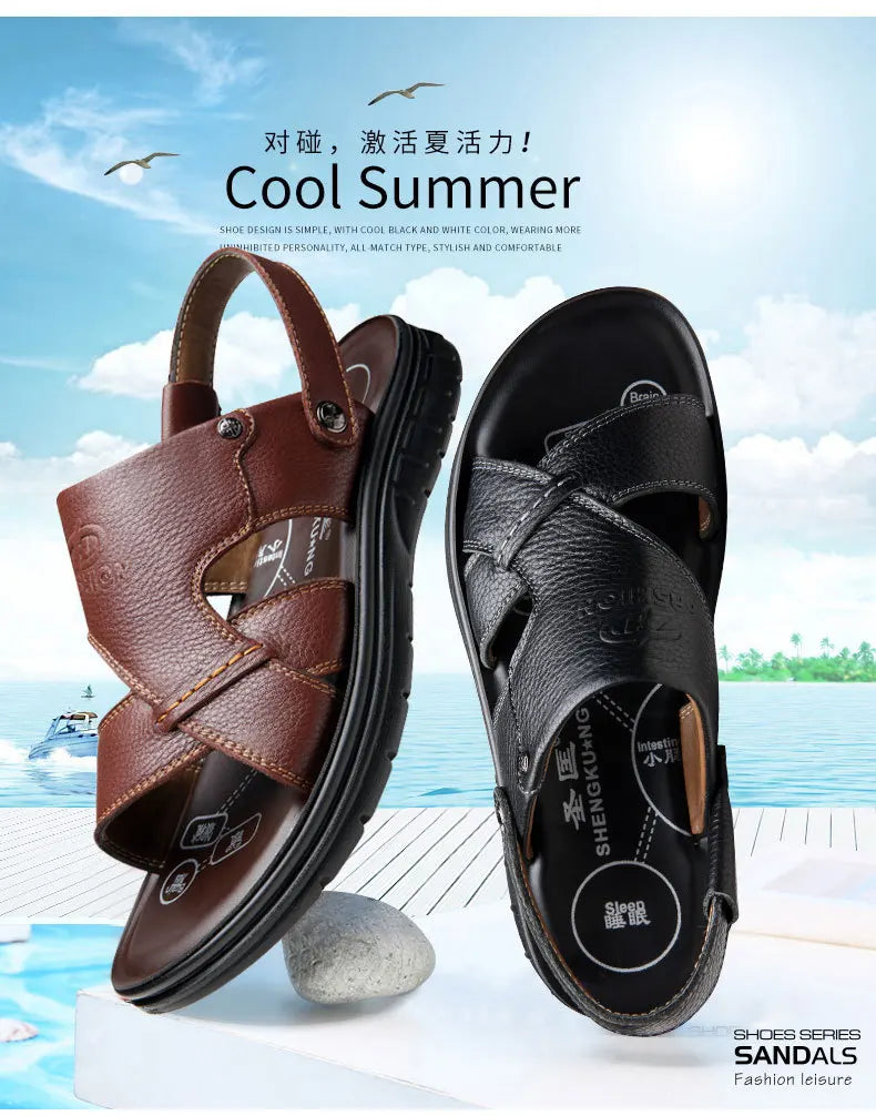 Big Size 49 50 Men's Sandals Summer Leather Shoes Man Slippers Non-slip Bottom Casual Business Beach Shoes for Men 2025 Summer - Sun Studio