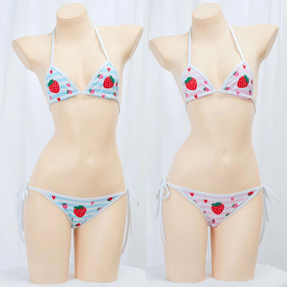 Cute Bikini Swimwear Women 2025 Strawberry Print Girl Lace Up Bathing Suit Low Waist Mini Bikinis Sets Beach Swimsuit - Sun Studio