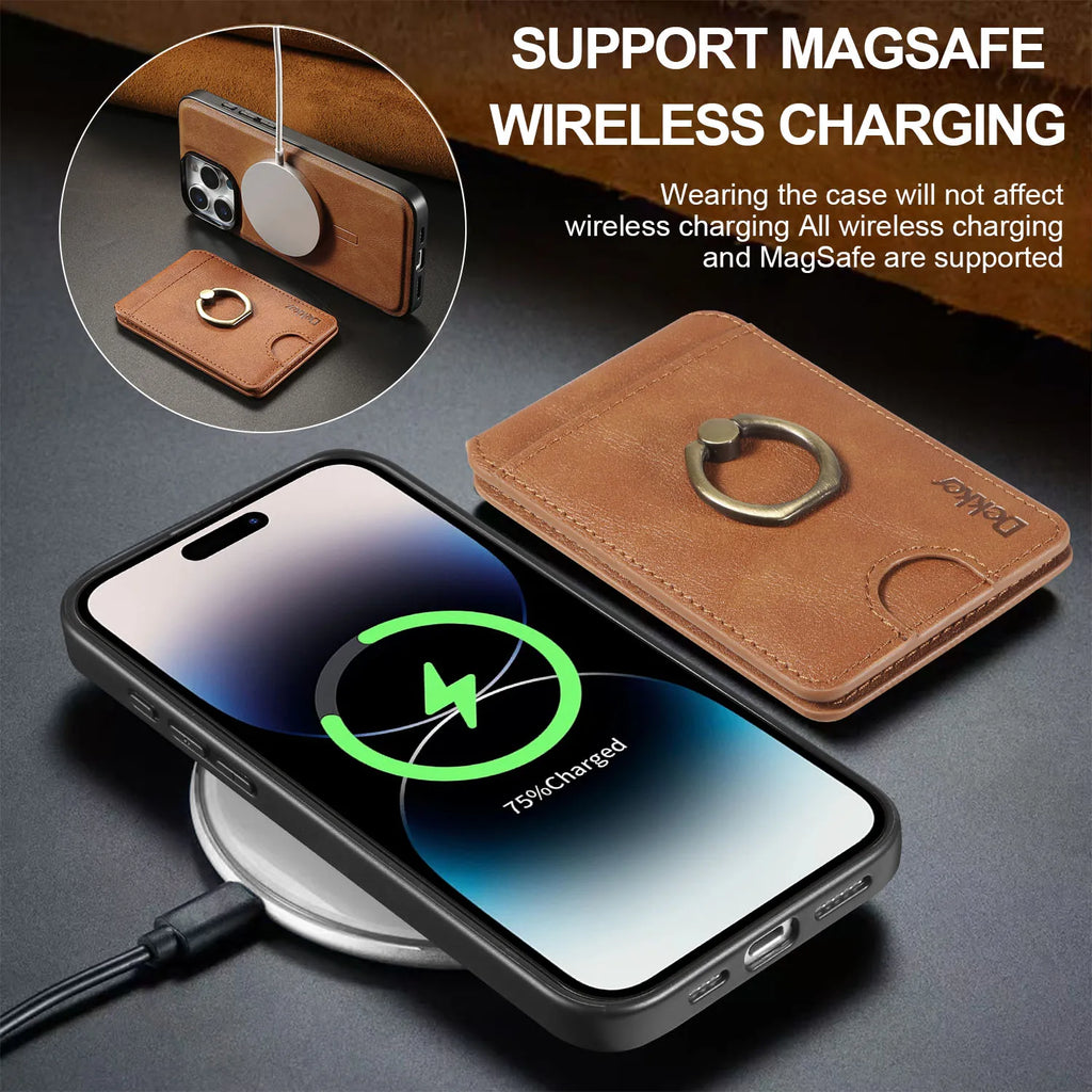 2 in 1 Detachable Vertical Cards Solt Ring Holder Wallet Leather Case For iPhone 16 Pro Max 15 Plus 14 13 12 Magnetic Bag Cover - Sun Studio