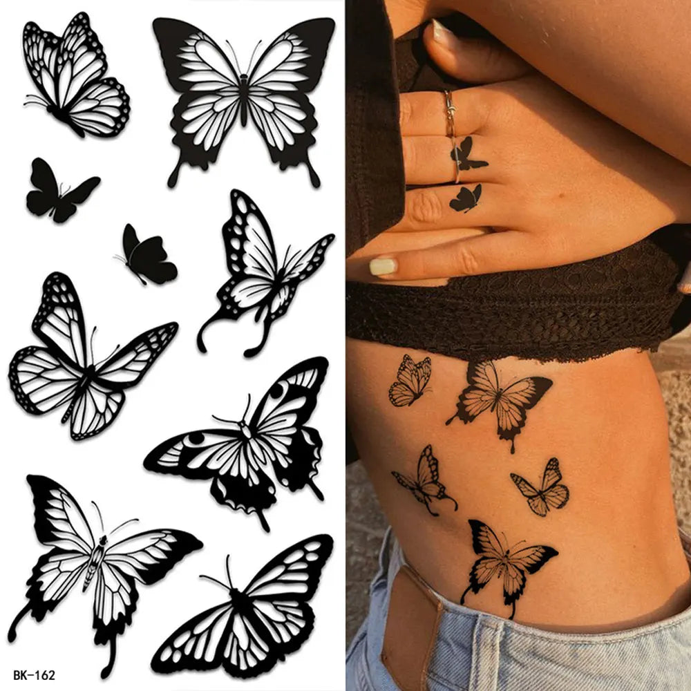 Black Butterfly Temporary Tattoos for Women Men Waterproof Snake Tattoo Stickers for Hand Arm Fake Tattoo Body Decor - Sun Studio