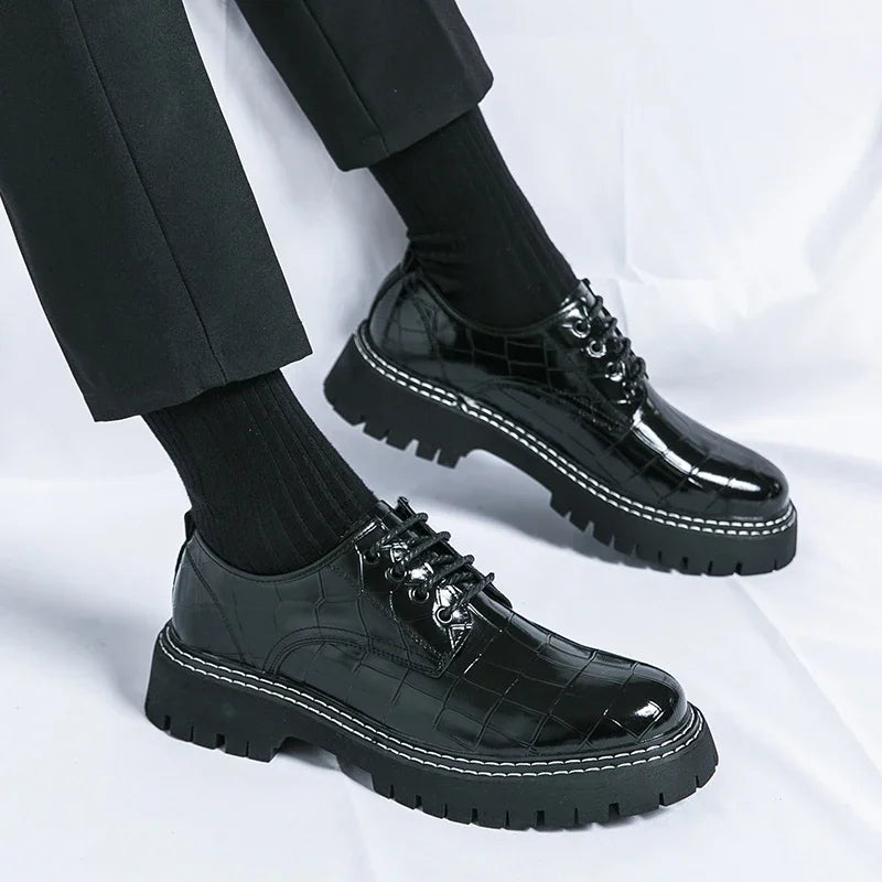 New Black Men Shoes Lace-up  Round Toe Stone Pattern Brown Gray Men Dress Shoes Size 38-46 - Sun Studio