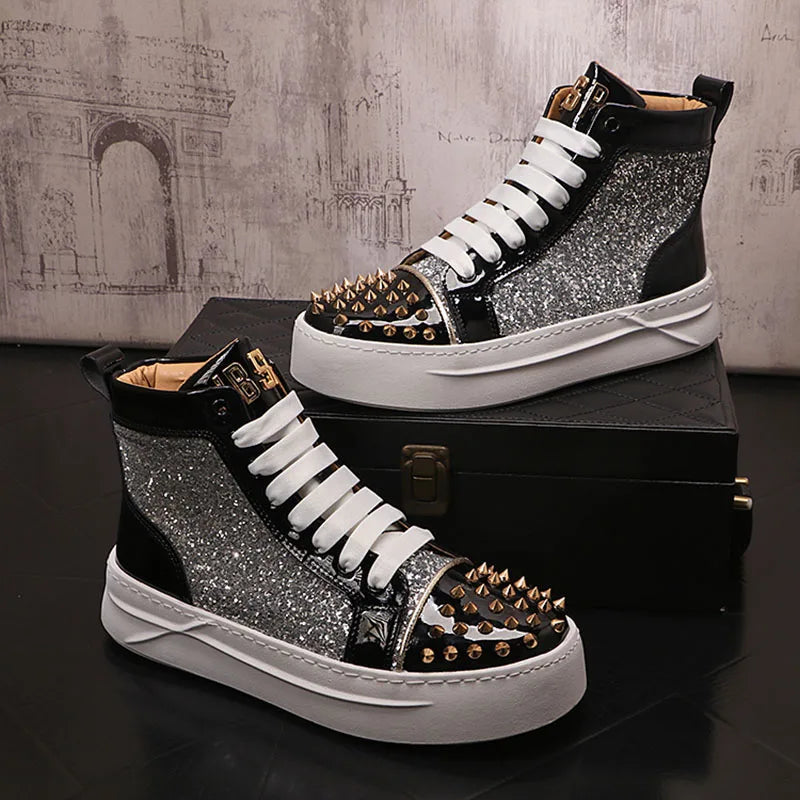 Winter High Tops For Men Rivet Sequin Everyday All Match Patent Leather Casual Shoes Male Flats Loafers Sports Walking Sneakers - Sun Studio