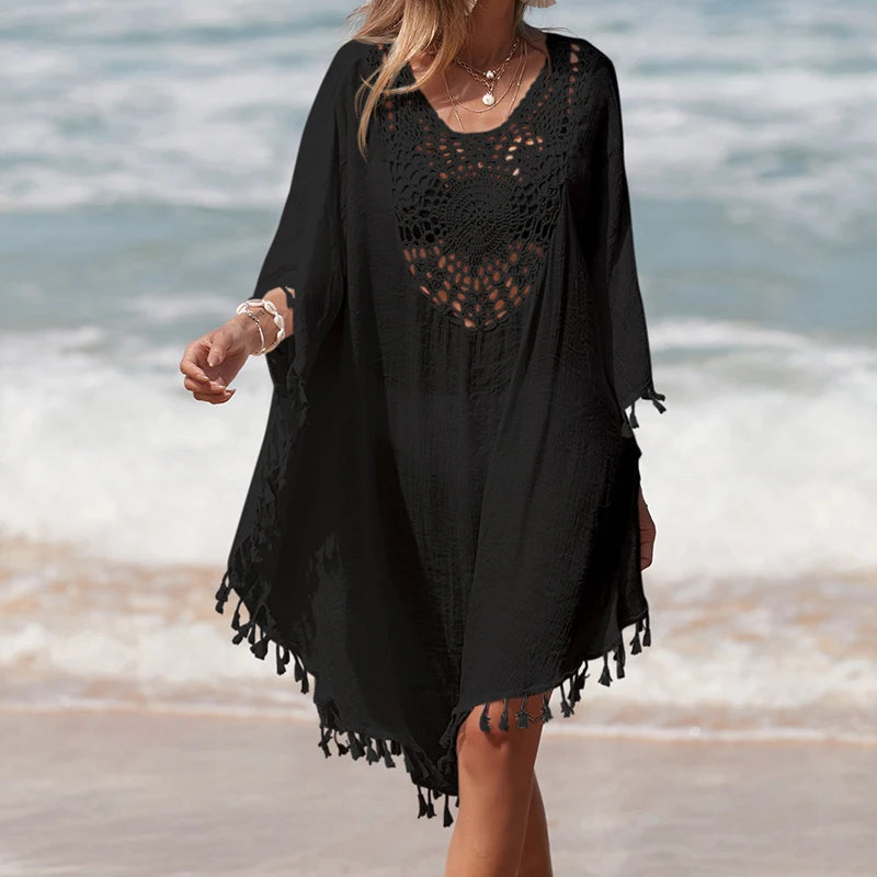 Women's Handmade Crochet Splicing Swimsuit Cover-Ups With Tassel Summer Holiday Beach Casual Loose Sunscreen Short Dress - Sun Studio