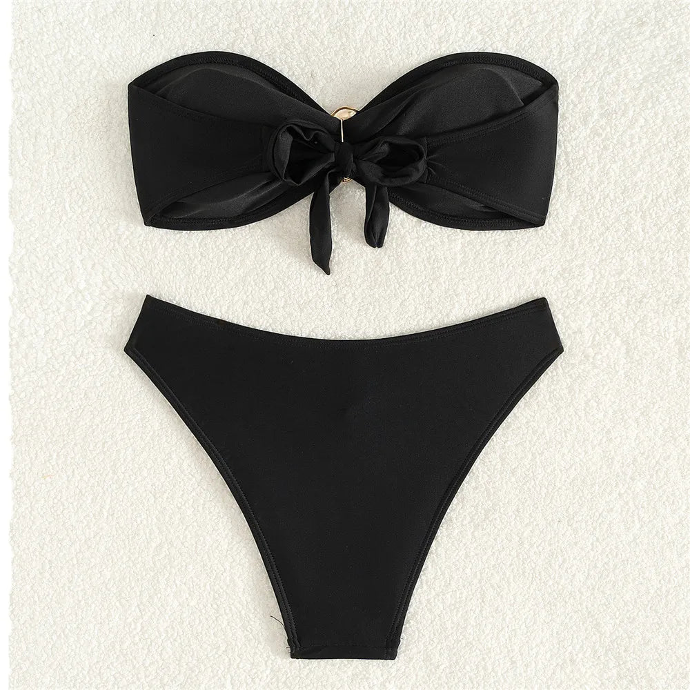 Black Bandeau Bikinis Sets Micro Thong Metal Ring Sexy Swimsuit Women 2026 New Back Knotted Swimwear Bathing Suit Bikini Damen - Sun Studio