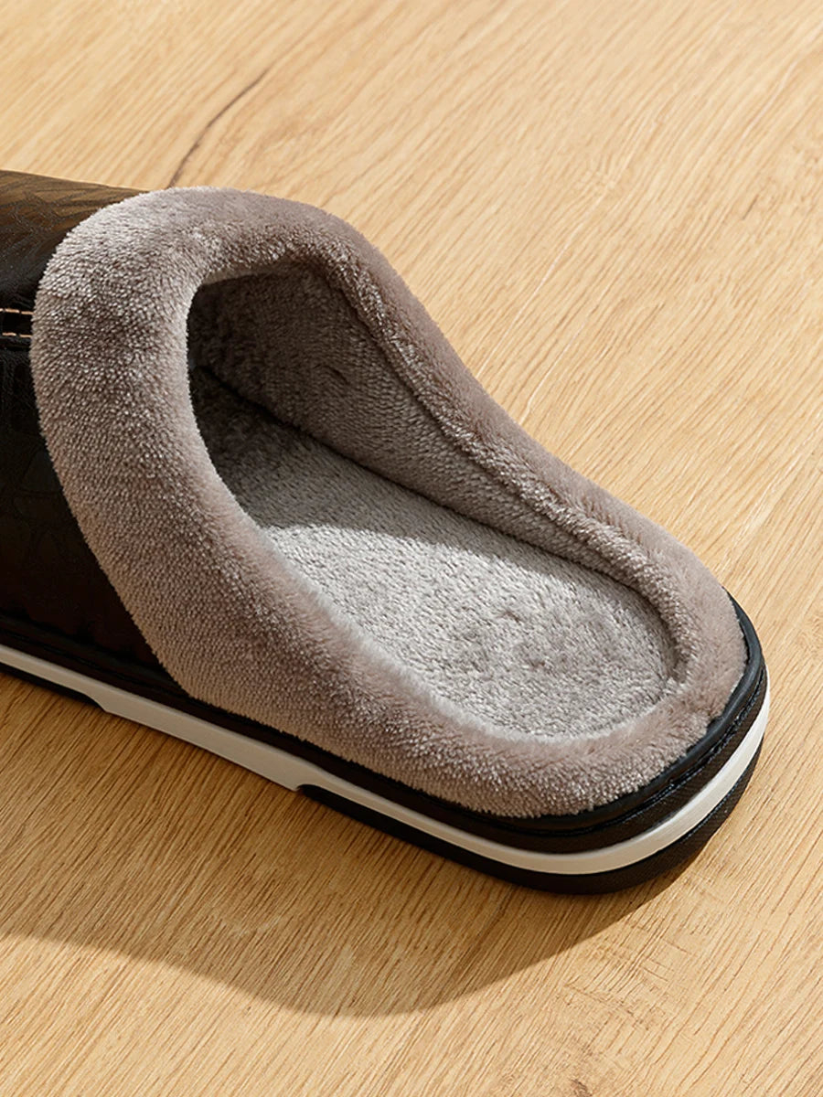 PU Leather Big Sizes Men slippers Indoor Waterproof Fur Flat Men's Winter Home Slipper Cotton Bedroom Houseshoes - Sun Studio