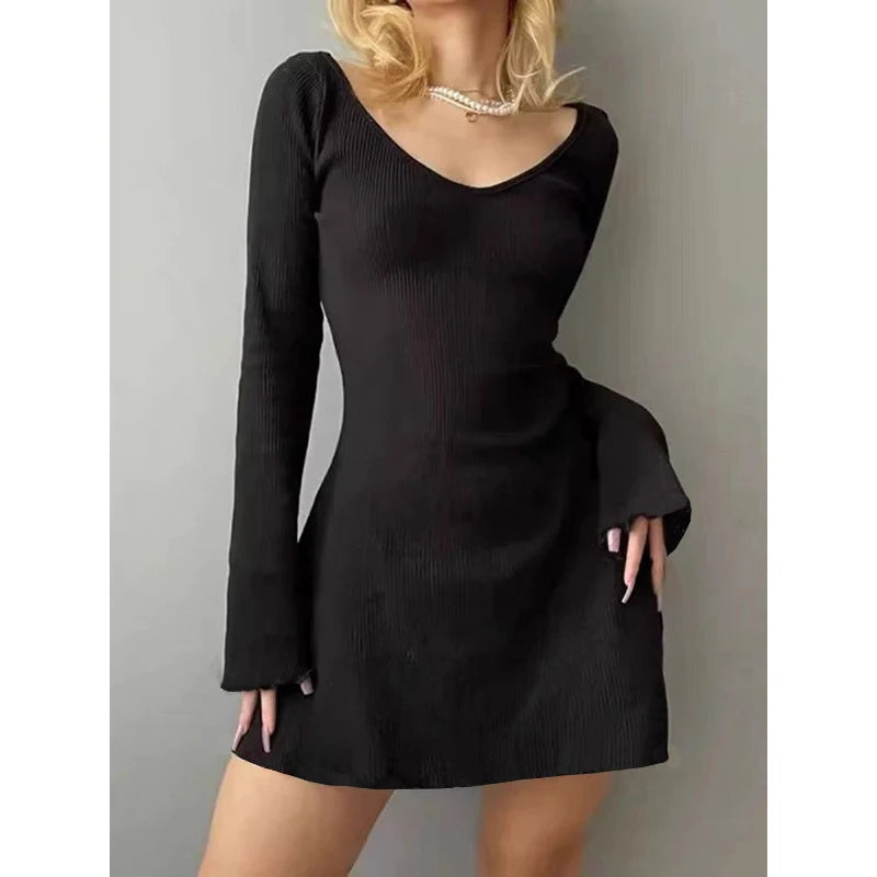 Elegant And Pretty Women Dresses Autumn Winter New Black Sexy Short Dress Female V Neck Long Sleeve Slim Solid Color Mini Dress - Sun Studio