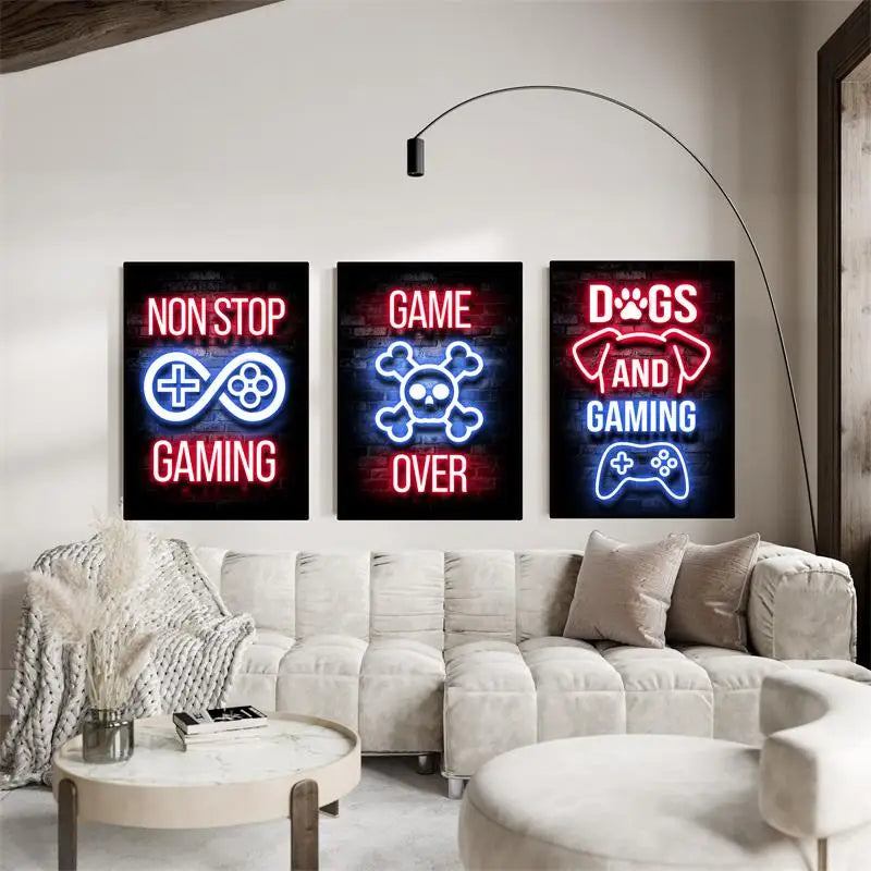 Gaming Gamer Quotes Neon Poster Vintage Gamepad Symbol Quote Canvas Painting Wall Art for Game Room Home Club Decor Mural - Sun Studio