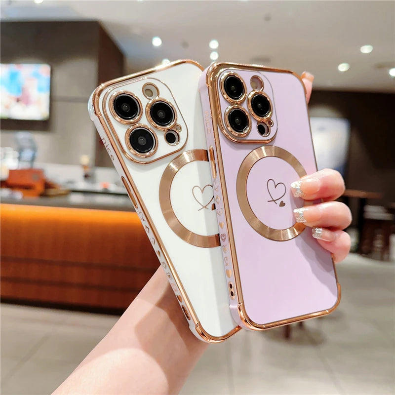 For iPhone 15 Pro Max Luxury Magsafe Magnetic Cute Plating Frame Phone Case For iPhone 11 12 13 14 15 16 Plus 17 Air Back Cover - Sun Studio