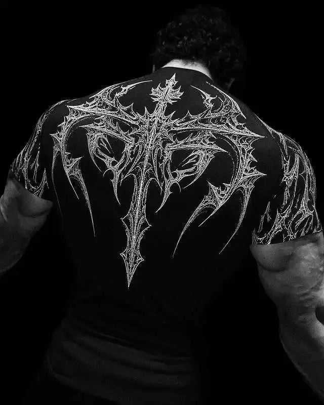 GYM T-shirt Men's Dark Gothic Print Muscle Tee  High Elasticity And Quick Drying Exercise For Bodybuilding Training 2026 Summer - Sun Studio