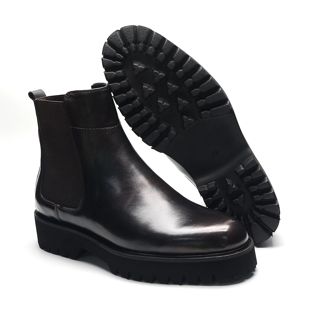 British Style High Top Men's Chelsea Boots Increase Height Classic Luxury Genuine Leather Elastic Band Men Autumn Winter Shoes - Sun Studio