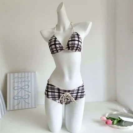 Low-Waist Plaid Bikini with Drawstring Strap Thermal Spring Swimsuit Women's Fashionable Vintage Lace Detailing By-Jane - Sun Studio