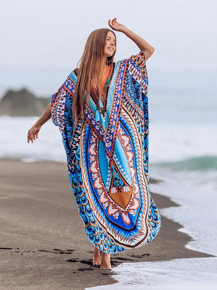 EDOLYNSA Bohemian Printed Women Plus Size vacation kaftan Summer Beach Maxi Dress Beachwear SwimSuit Cover Up beach wear  Q999 - Sun Studio