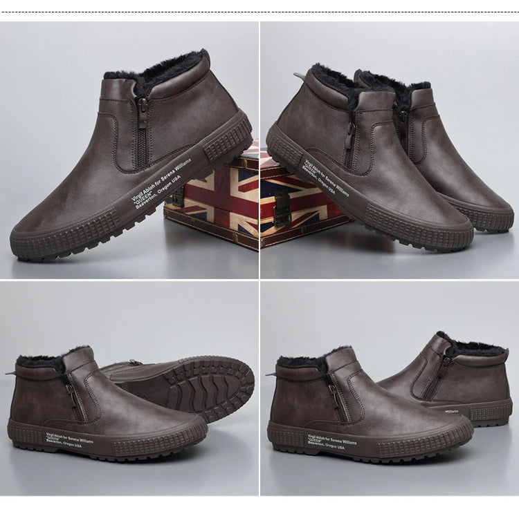 Man Winter Warm Leather Boots Warm Plush Inside High Tops Casual Shoes Slip on Keep Warm Thick Fur Men's Platform Ankle Boots - Sun Studio