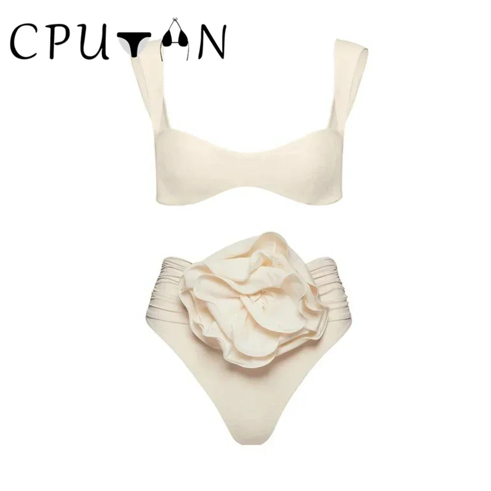 2026 Neu Sexy Weiß 3D Blume Einfarbig Zweiteilig Push Up Bikini Set Luxus Badebekleidung Damen Badeanzug Strandmode Sommer Badeanzug