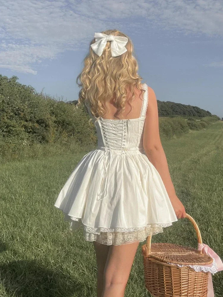 Mingmingxi Sexy Spaghetti Strap Corset Dress Elegant Fluffy Party Dresses Slim A Line Lace Up Dress Cotton Women Clothing - Sun Studio