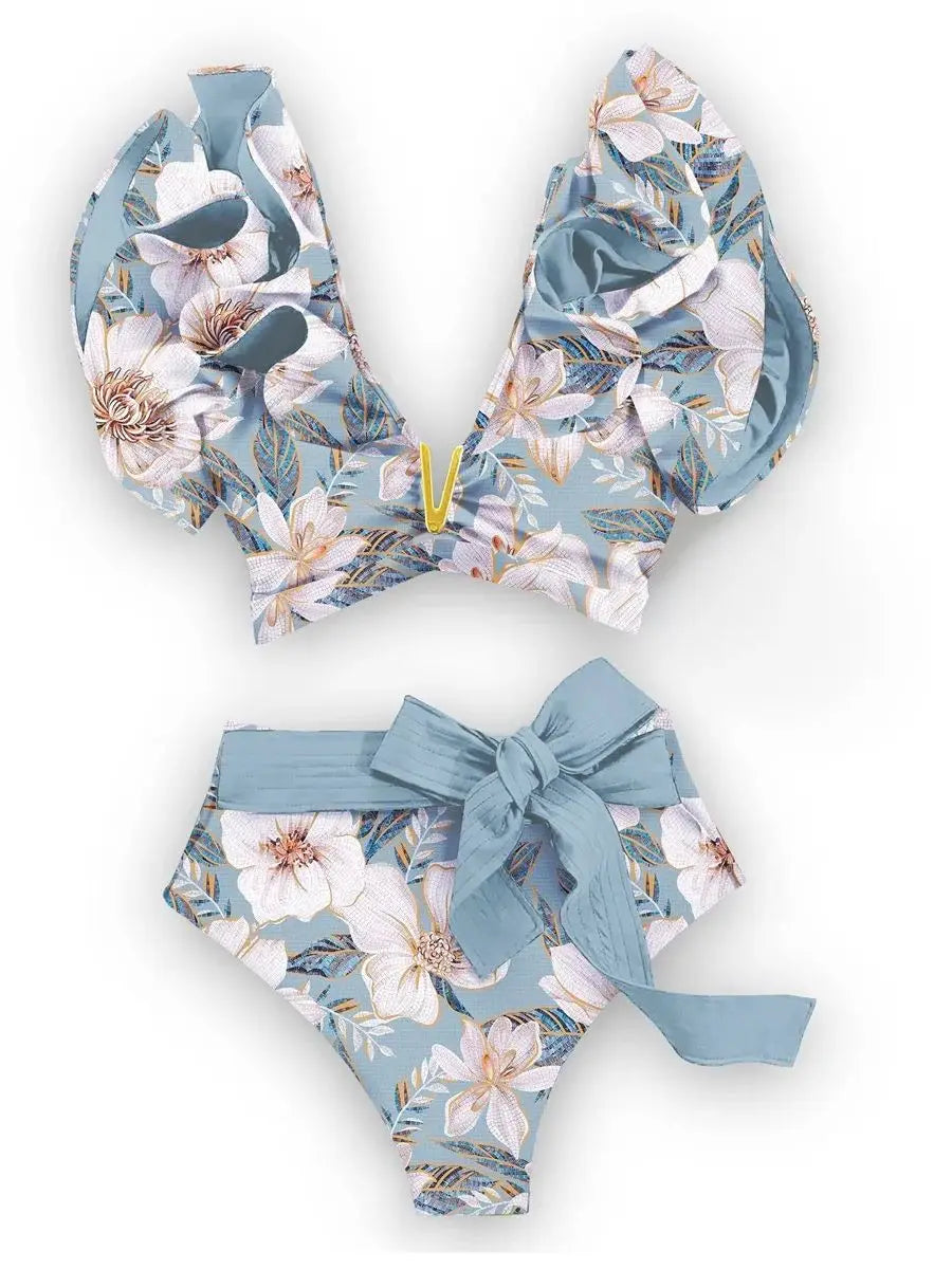 Floral Ruffled Hem Bikini Set Women Flora V-Neck High-Waisted Two Piece Swimsuit 2025 Girl Beach Bathing Suit Swimwear Biquinis - Sun Studio