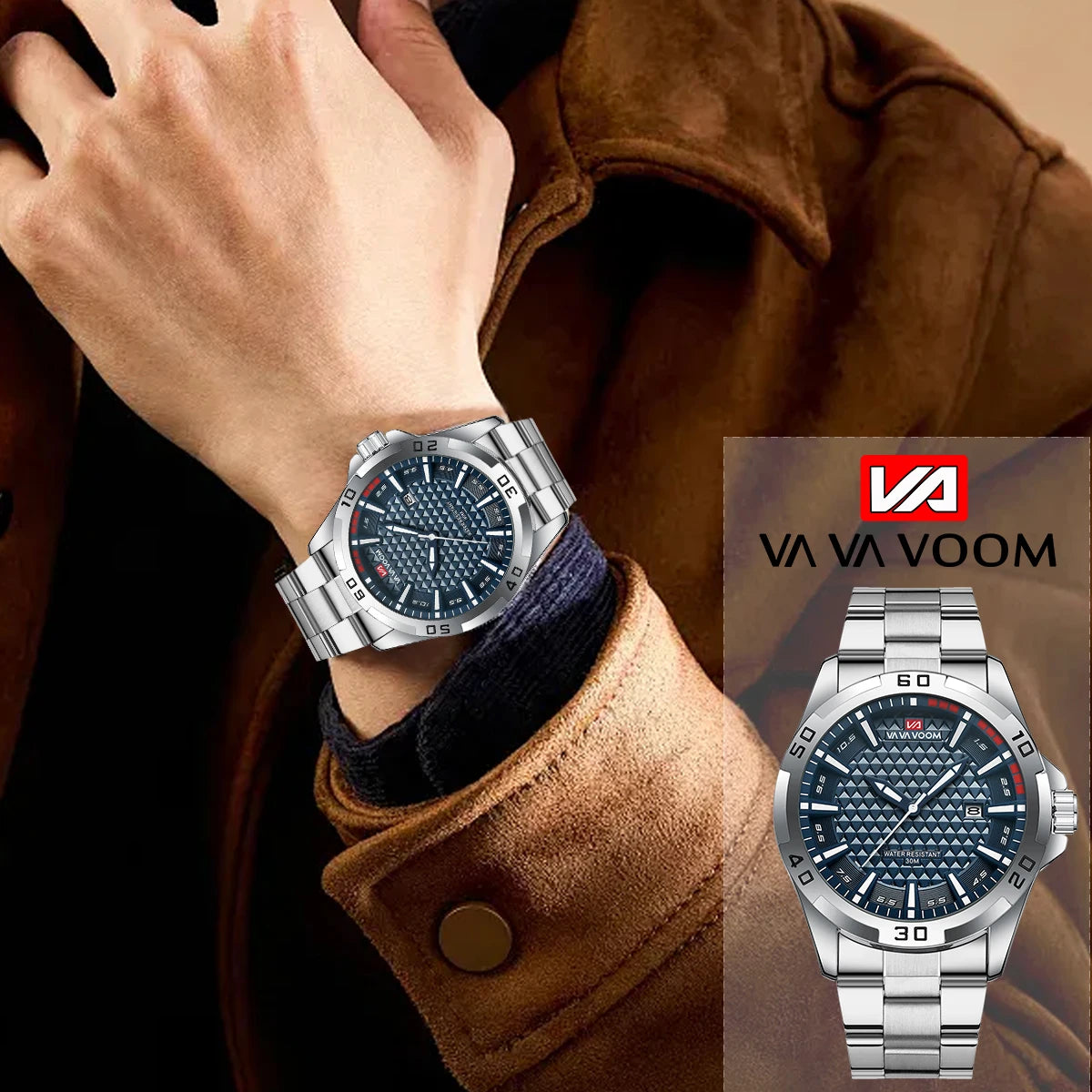 VA VA VOOM Mens Casual Sport Military Quartz Calendar Watches for Man Business Stainless Steel Waterproof Clock Relogio Masculin - Sun Studio