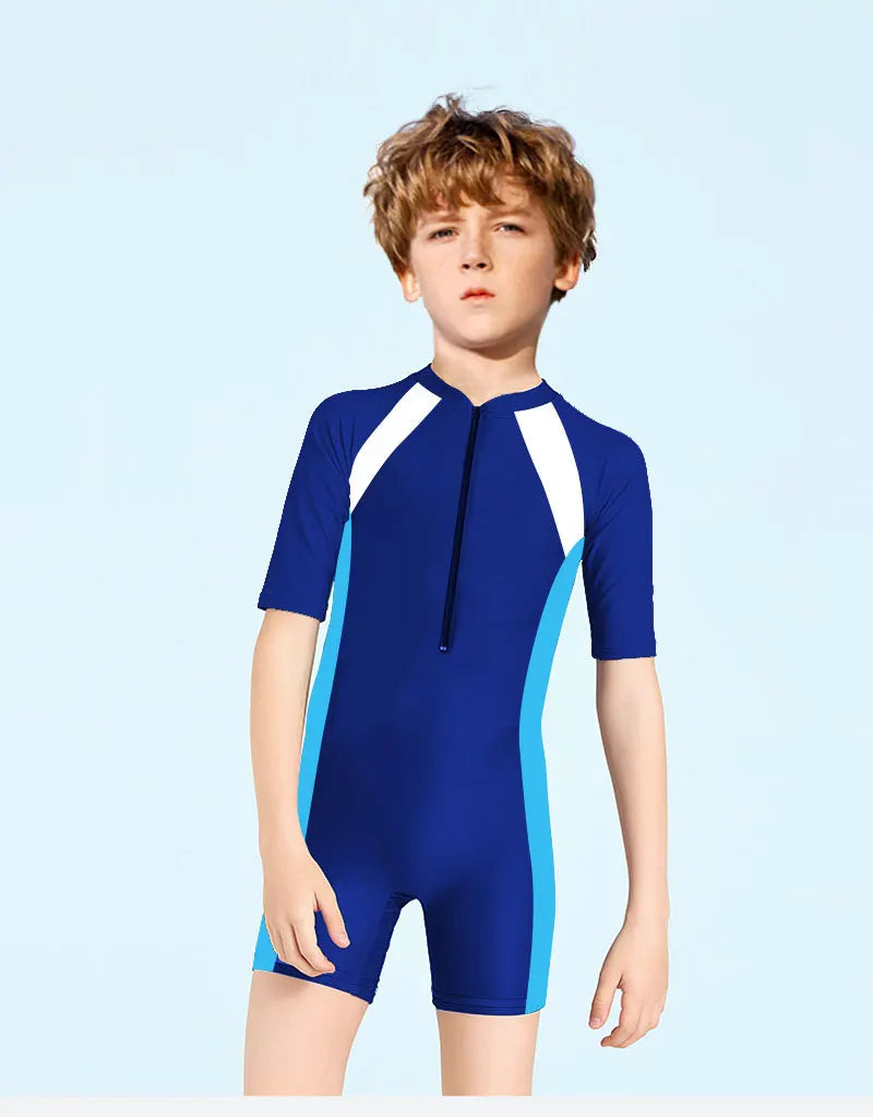 Children's Swimsuit Boys And Girls One-Piece Swimsuit Short-Sleeved Beach Sunscreen Professional Training Swimsuit - Sun Studio