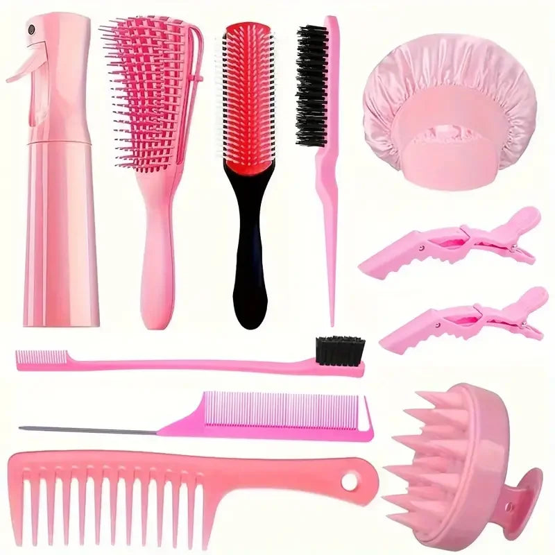 Hair Brush Comb Set with Spray Bottle & Scalp Massager, Wet Dry Curly Hair Detangling Kit, Wide Tooth Combs for Women Men - Sun Studio