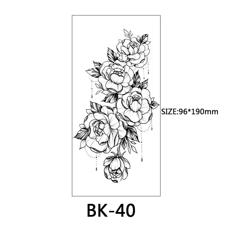 Rose Blossom Tattoo Temporary Waterproof Butterfly Fake Tattoo for Woman Black Flower Sketch Tattoo Sticker - Sun Studio