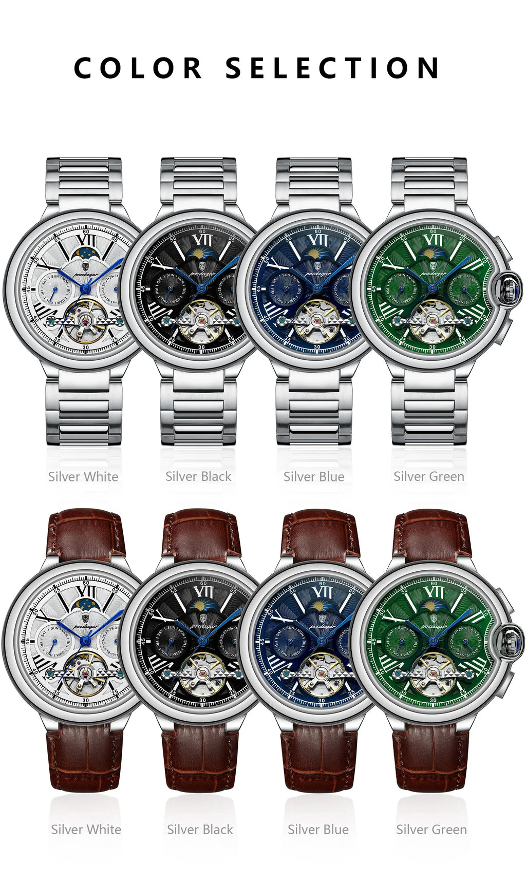 POEDAGAR Luxury Male Watch Business Date Week Stainless Steel Tourbillon Men Clock Waterproof Automatic Mechanical Men's Watches - Sun Studio