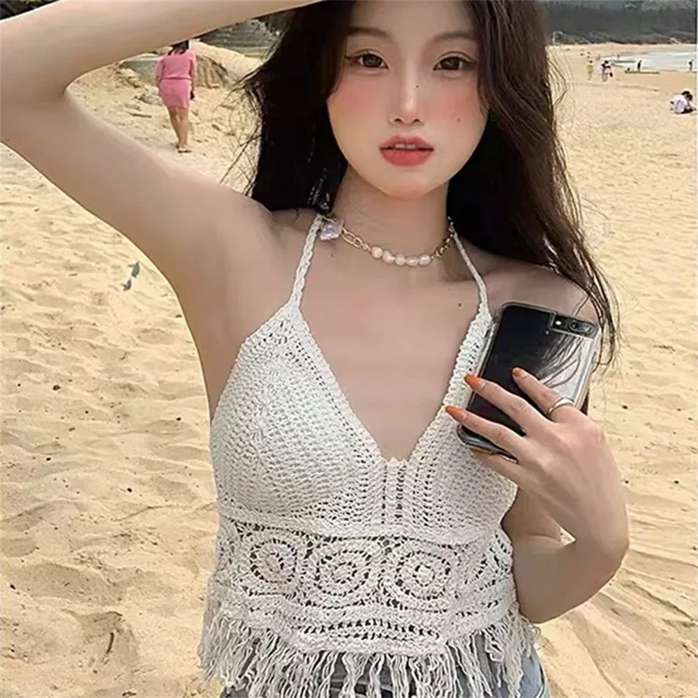 Sexy Boho Beach Holiday Camisole Halter Women Crochet Knit Swimsuit Bra Backless Vest Hollow Tassel Tank Top Women's Crop Tops - Sun Studio